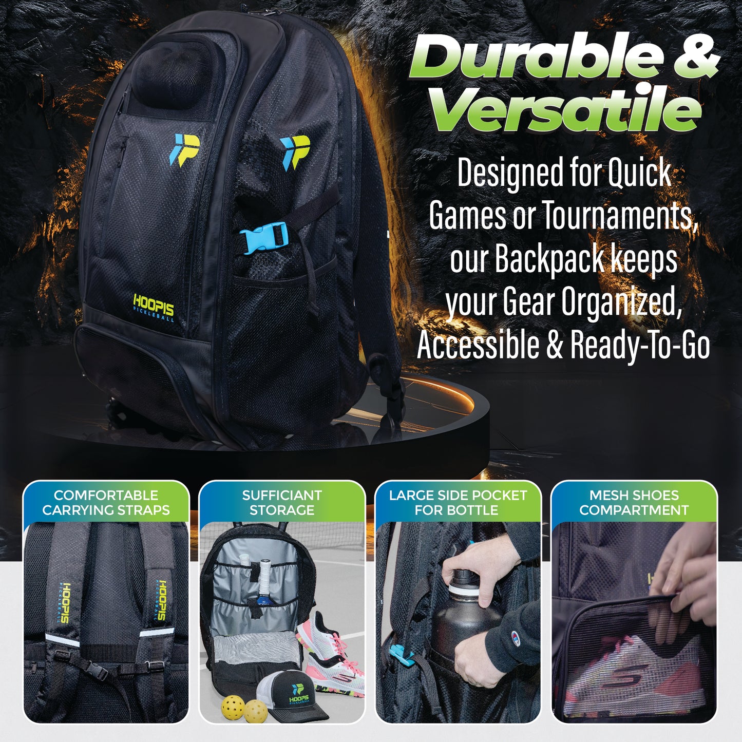 Hoopis Pickleball Backpack with Ventilated Shoe Compartment- Extra Large Tour Style 4+ Paddle