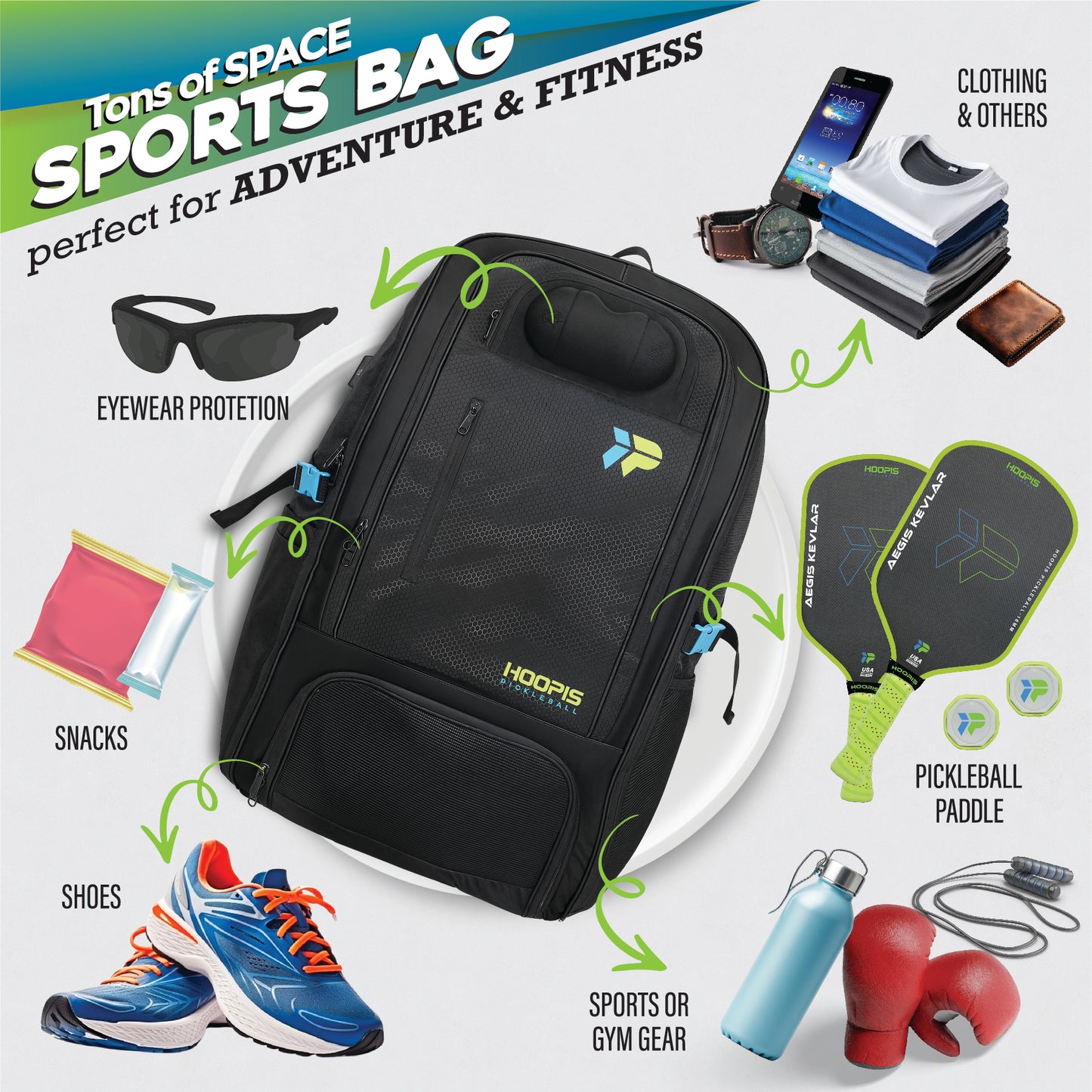 Hoopis Pickleball Backpack with Ventilated Shoe Compartment- Extra Large Tour Style 4+ Paddle