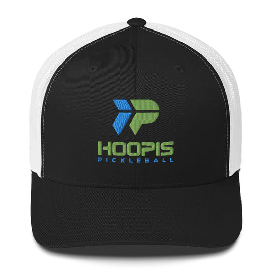 A black and white trucker cap with a green 'H' logo on the front, indicating affiliation with the 'Hoopis' brand.