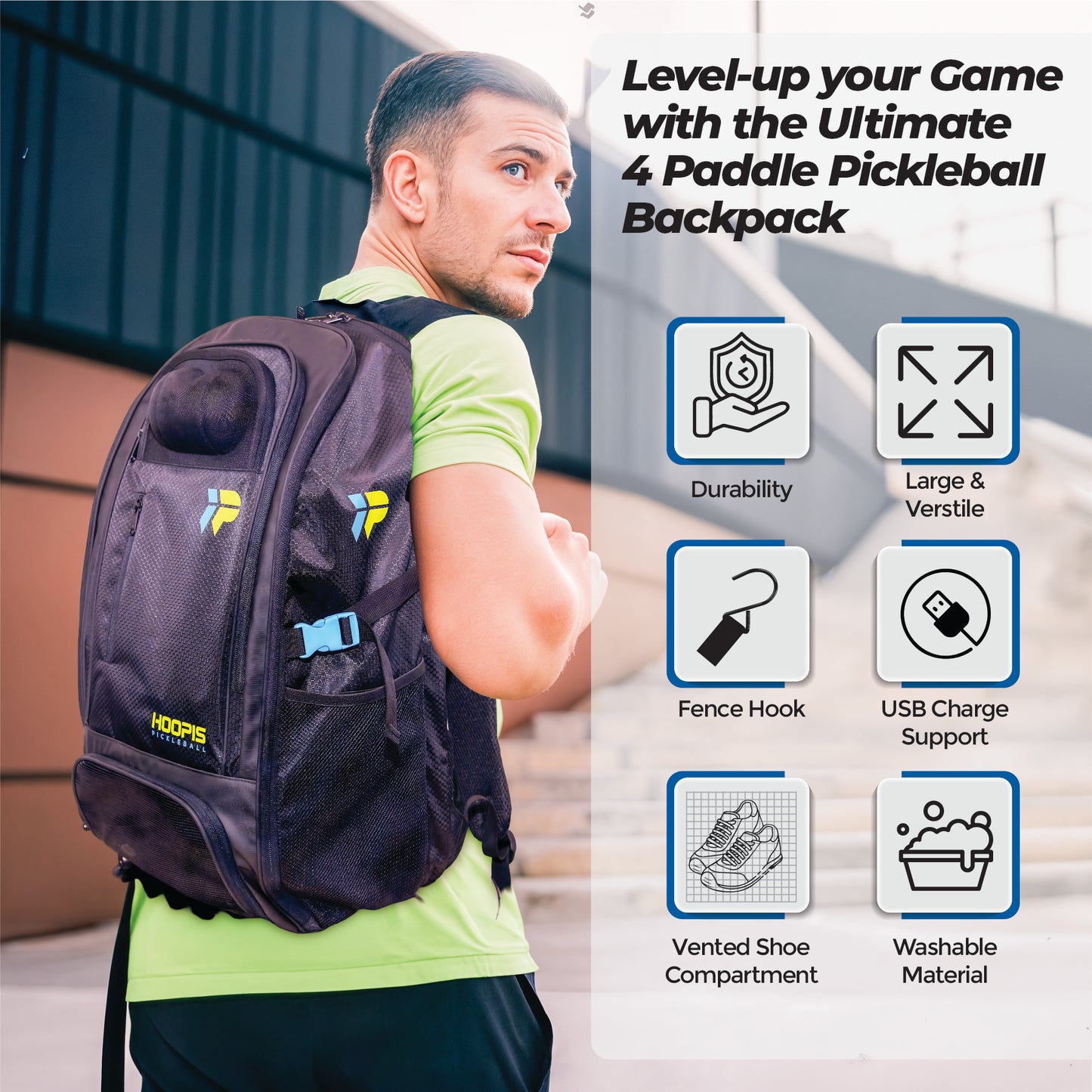 Hoopis Pickleball Tour Backpack with Ventilated Shoe Compartment- Large 4+ Paddle